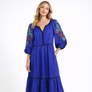 Tyler Boe S Blue Embroidered Floral Midi Dress Boho Puff Sleeve Cotton Tiered